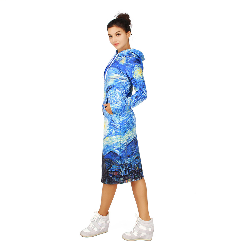 SZ60077 Blue Vortex Hooded Sweatshirt Dress Women Long Sleeve Hoodies Dress